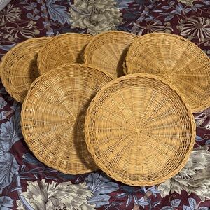 Set of Vintage Woven Rattan Picnic Plates (6)